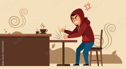 Cartoon depiction of an angry person expressing frustration by hitting a table repeatedly at a coffee shop