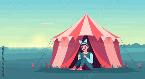 Cartoon depiction of a crying woman holding a phone inside a circus tent against a scenic outdoor background