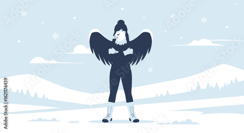 Cartoon Eagle Creature Standing Proudly In A Snowy Winter Landscape