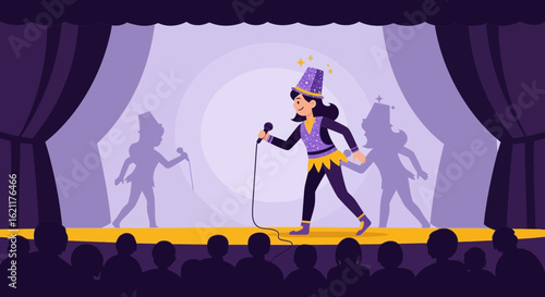 Cartoon entertainer on stage with audience, performing with microphone and shadows adding depth in a vibrant purple setting