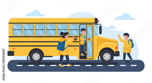 Cartoon illustration depicting children boarding a yellow school bus on a road heading back to school
