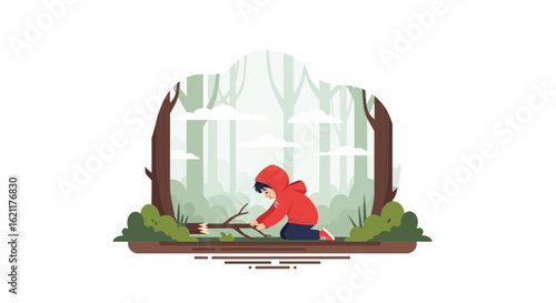 Cartoon illustration of a child playing with a branch in a forest clearing on a bright day