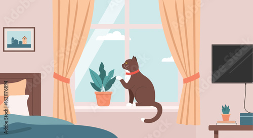 Cartoon illustration of a cozy bedroom with a cat sitting on a windowsill watching the sky