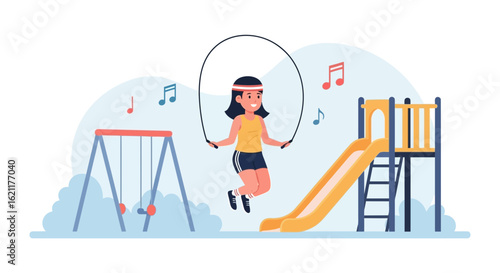 Cartoon illustration of a girl skipping rope in a playful playground scene with swings and a slide promoting health and fitness