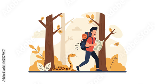 Cartoon illustration of a hiker frightened by a snake encounter in the woods vector