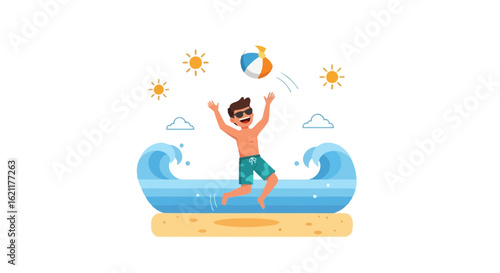 Cartoon illustration of a man playing with a beach ball on a sunny day at the beach