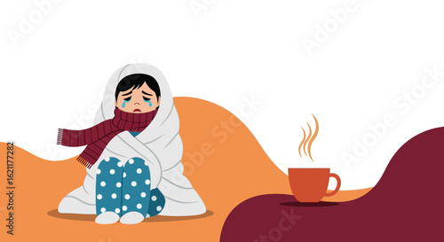 Cartoon Illustration Of A Sick Girl Wrapped In A Blanket With Hot Drink