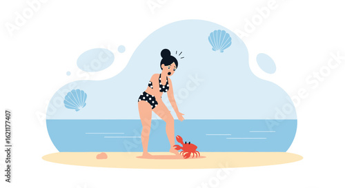 Cartoon illustration of a woman surprised by a crab on the beach during summer vacation
