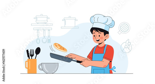 Cartoon illustration of a young chef flipping a pancake with cooking tools behind him in light airy setting