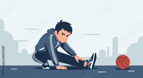 Cartoon illustration of a young man stretching before playing basketball game outdoor