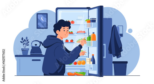 Cartoon illustration of a young man reaching into a refrigerator in the kitchen filled with food