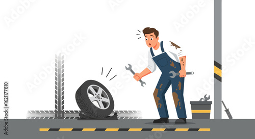 Cartoon mechanic in overalls is shocked by a flat tire in a garage setting accident repair