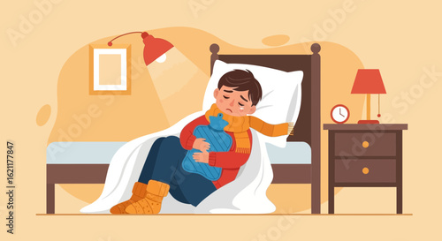 Cartoon Sick Boy Lying in Bed with Hot Water Bottle and Thermometer