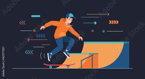 Cartoon Skateboarder Performs Trick On Ramp Illustration Flat Style Design