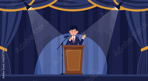 Cartoon speaker on stage delivering speech with theatrical backdrop design