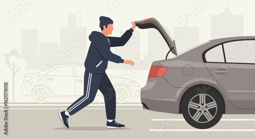 Casual Man Opens Car Trunk In Cityscape Illustration Style Vector