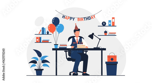 Celebrating Birthday Alone Illustration Featuring Office Clerk And Cake Decoration
