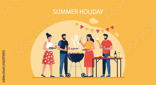 Celebrating summer: A vibrant illustration of a barbecue party with friends
