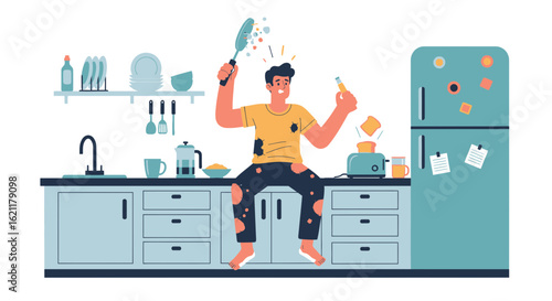 Chaotic Morning: Man Fails At Making Breakfast in Messy Kitchen Scene
