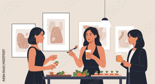 Charming Female Friends Enjoying Refreshments At An Elegant Social Gathering