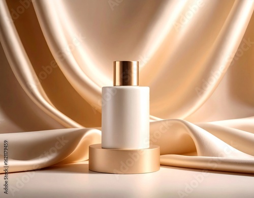 Elegant White Cosmetic Bottle with Gold Accents on Cream Silk Drape Background