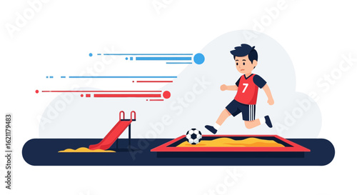 Cheerful Boy Kicking a Soccer Ball at the Playground Creative Vector Illustration