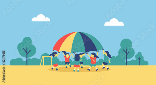 Cheerful Children Playing Parachute Games At School Outdoors Flat Design Style