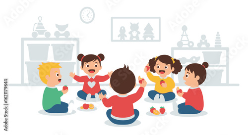 Cheerful Children Enjoying Fruit Snack Time Together In Daycare Center