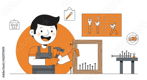 Cheerful Craftsman Building A Wooden Frame In Workshop With Tools Flat Design