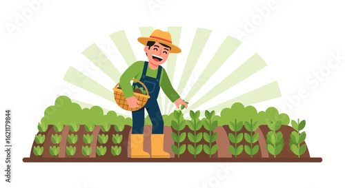 Cheerful farmer tending crops in field cartoon illustration with sun rays