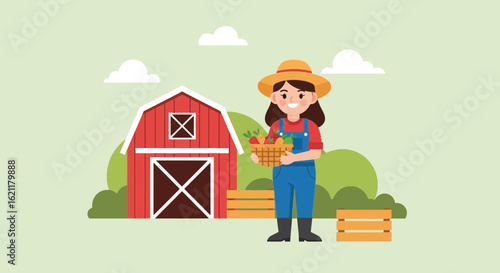 Cheerful Female Farmer With Harvest Basket Standing Near Red Barn