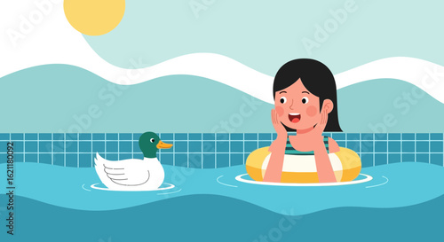 Cheerful Girl Enjoys Summer Fun Floating With Duck In Swimming Pool