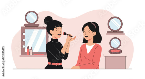 Cheerful Makeup Artist Applies Powder To A Happy Customer Face