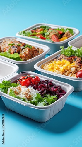 Wallpaper Mural Colorful and healthy meal prep in eco-friendly containers on blue background Torontodigital.ca