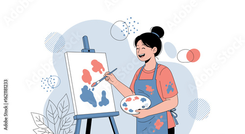 Cheerful Woman Painting Abstract Shapes On Canvas In Studio Setting