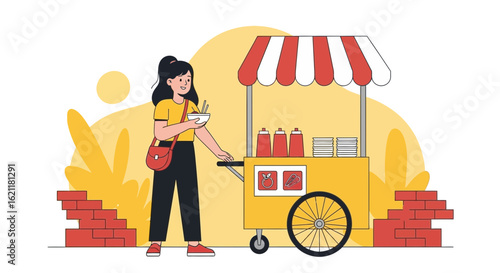 Cheerful Woman Purchasing Street Food from a Vibrant Food Cart Illustration