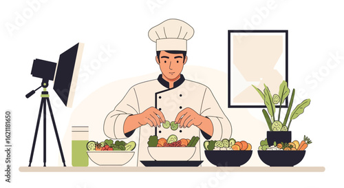 Chef Preparing Healthy Food For Online Cooking Show On Social Media