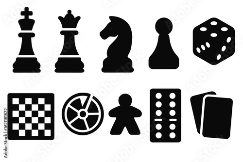 Board game solid icon set. chess, dice, cards, and domino icons in solid style