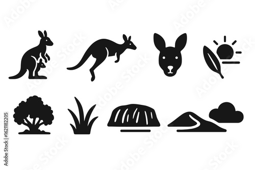 Nature and wildlife silhouette icon set featuring kangaroos and trees