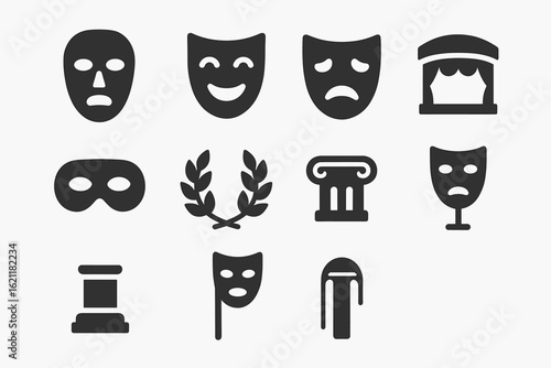 Theater and drama solid icon set. masks, performances, stage elements collection