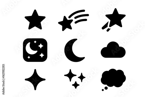 Celestial, astronomy silhouette icon set. moon, star, cloud symbols collection