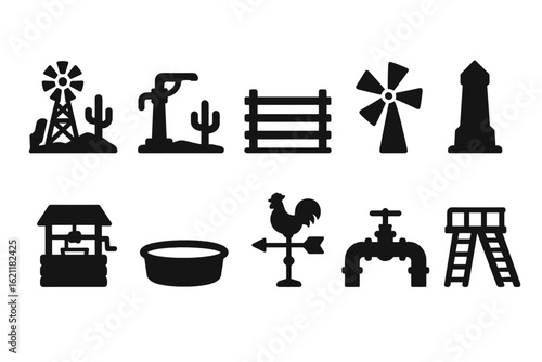 Farming and agriculture silhouette icon set. farm, weather, windmill silhouettes