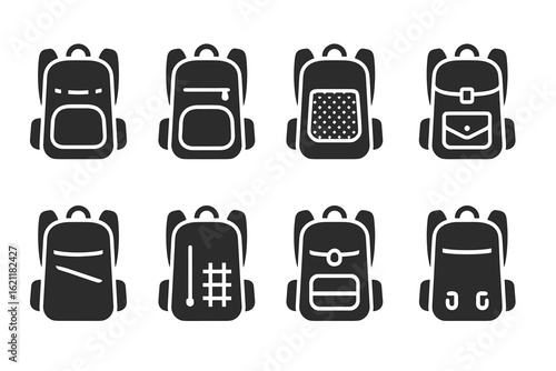 Backpack silhouette icon set. school, travel, camping silhouettes collection