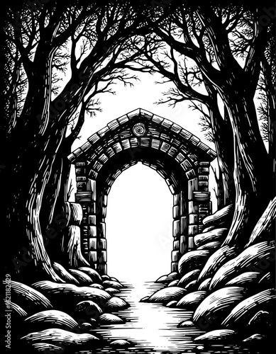 Stone archway in woodcut style, black and white, representing a mysterious or fantasy landscape