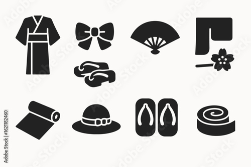 Japanese culture solid icon set: kimono, bow, fan, sandals, cultural symbols