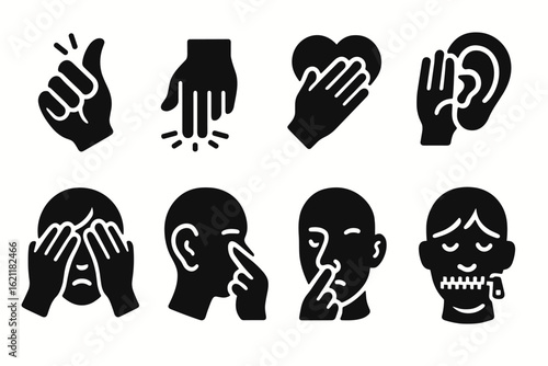 Sign language silhouette icon set. communication gestures, symbols collection