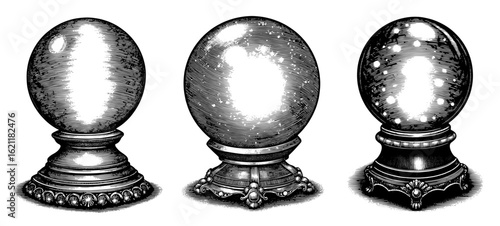 Ornate crystal balls in a woodcut style in black and white representing magic and fortune-telling