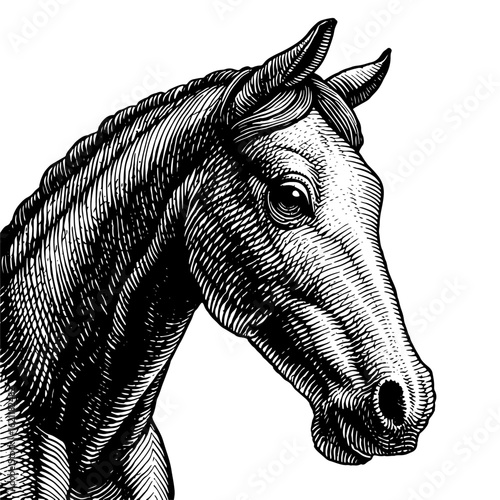 Close-up of a horse's head in an engraving style