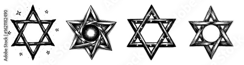 Variations of Star of David in engraving style black and white representing Judaism and faith