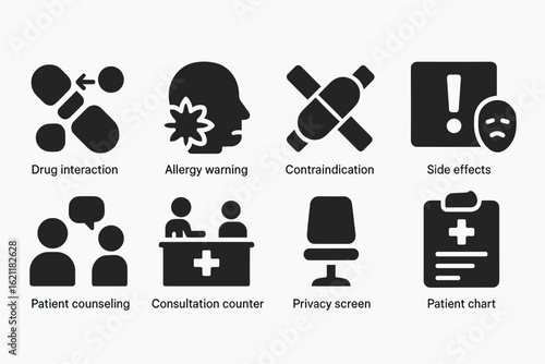 Medical, healthcare solid icon set. patient, drug interaction icons solid collection
